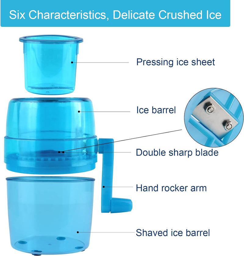 Hand Crank Ice Crusher,Snow Cone Machine Household Mini Portable Ice Shaver with Stainless Steel Blade Manual Ice Crusher for Snow Cone, Slush, Shaved Ice(Blue)