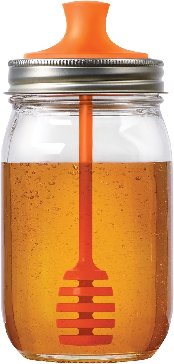 Jarware Honey Dipper Lid for Regular Mouth Mason Jars, Orange, 16-Ounce