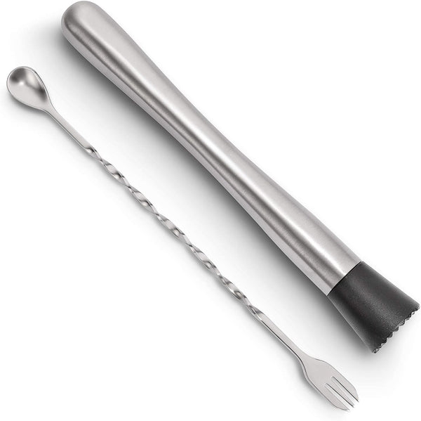 Hiware 10 Inch Stainless Steel Cocktail Muddler and Mixing Spoon Home Bar Tool Set - Create Delicious Mojitos and Other Fruit Based Drinks