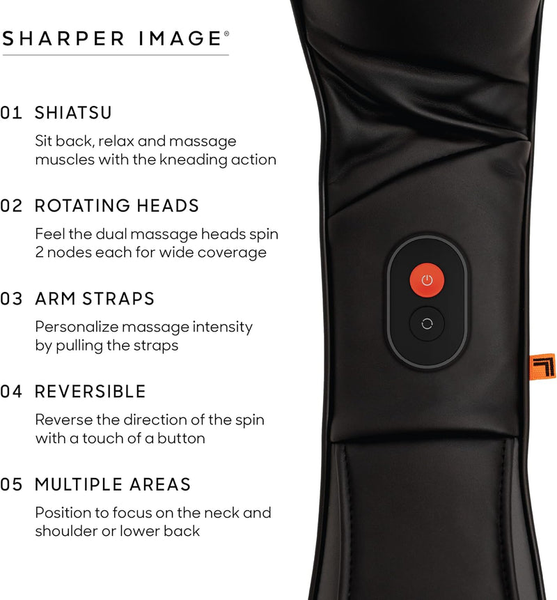 Sharper Image Shiatsu Neck + Back Kneading Massager, Rotating Massage Nodes with Arm Straps, Pain & Tension Relief, Improve Relaxation & Circulation, Reduce Stress, Valentine's Day Gift