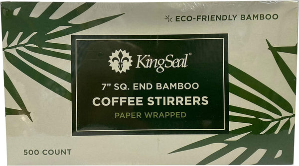 KingSeal Individually Paper Wrapped Bamboo Coffee Stir Sticks, 7 inches, Square End, 100% Renewable and Biodegradable - 1 Box of 500 Stirrers