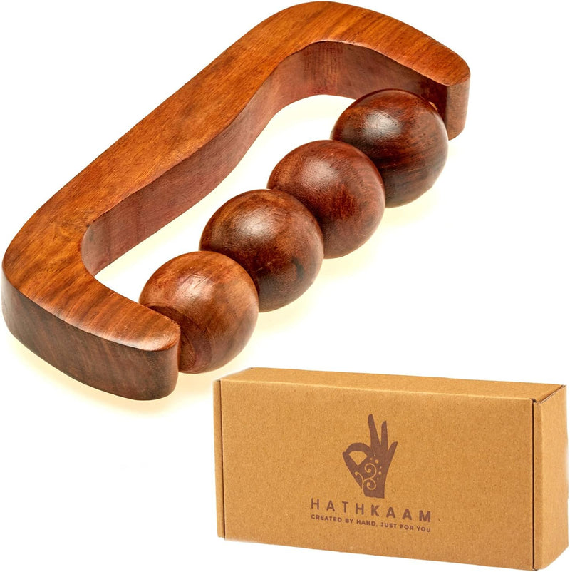 HATHKAAM Wooden Massager 7" Rosewood Unisex Handheld Roller for Full Body Pain Relief, Back, Neck & Shoulder, Cellulite Pain Acupressure, Fascia Lymphatic Drainage 4 Wheel Massage Therapy Equipment