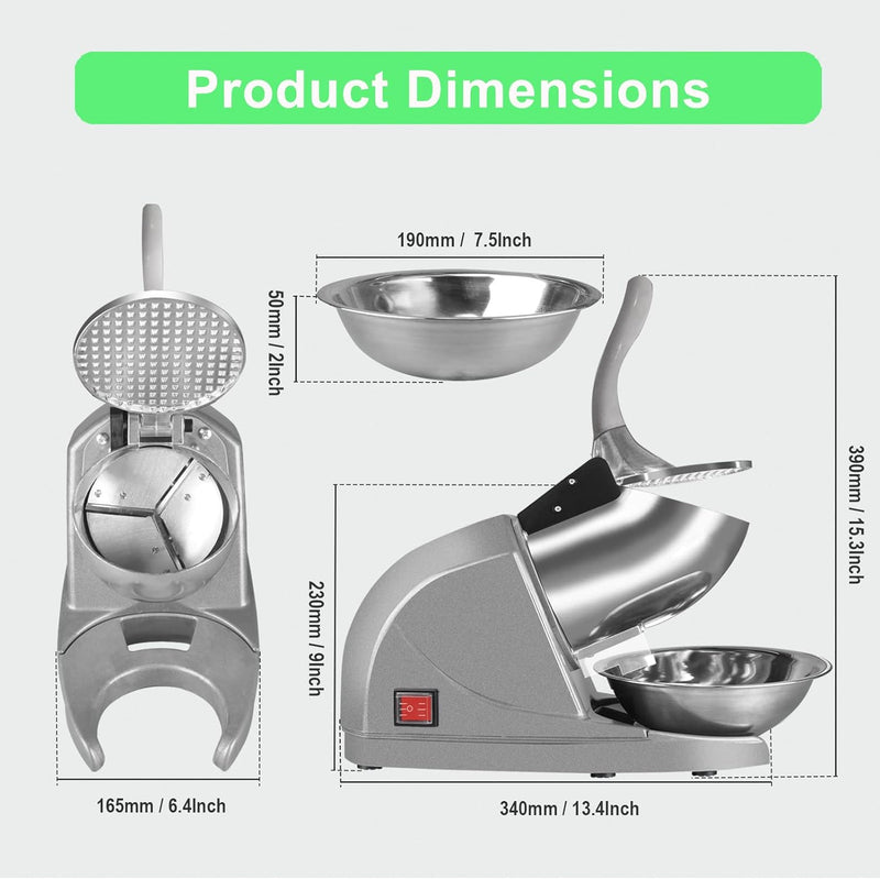 HORGELU Ice Crusher Ice Shaver 3 Blades with Ice Pick 286lbs/hr Snow Cone Machine 380W Shaved Ice Machine 2000rpm Food-grade Stainless Steel Ice Shaved Machine 110V Snow Cone Maker for Home Commercial