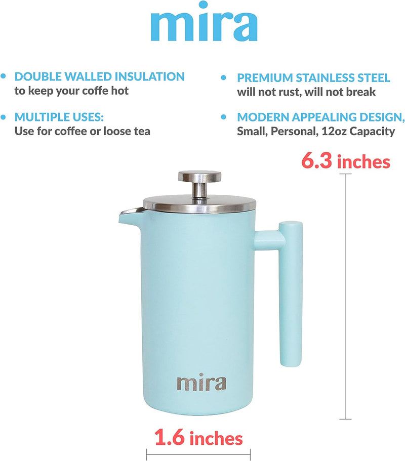 MIRA 12 oz Stainless Steel French Press Coffee Maker | Double Walled Insulated Coffee & Tea Brewer Pot & Maker | Keeps Brewed Coffee or Tea Hot | 350 ml (12 oz (350 ml), Pearl Blue)