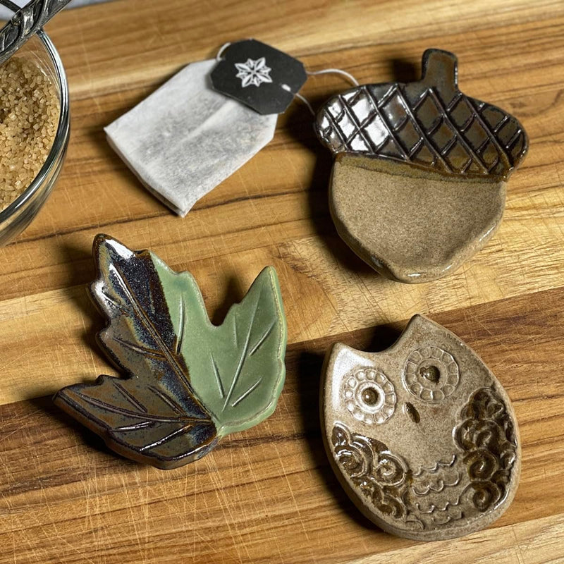 Acorn, Maple Leaf, and Owl Woodland Teabag Coasters by MudWorks Pottery, Set of 3, Handmade in The USA