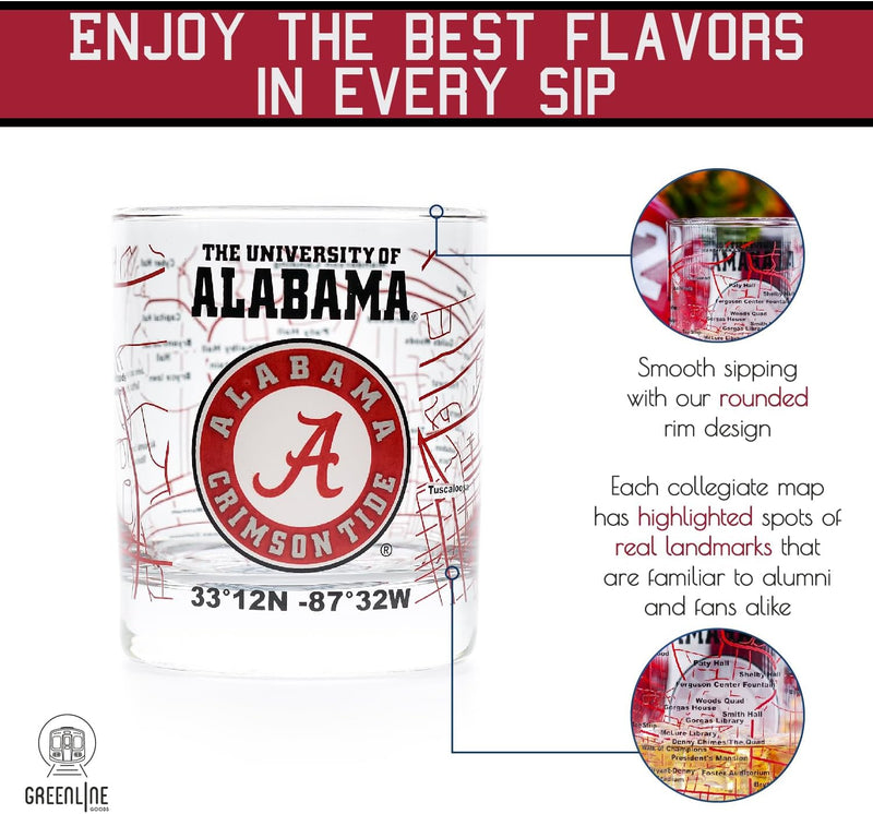 The University Of Alabama Whiskey Glass Set (2 Low Ball Glasses) - Contains Full Color Alabama Logo & Campus Map - Alabama Gift Idea for College Grads & Alumni - College Cocktail Glassware