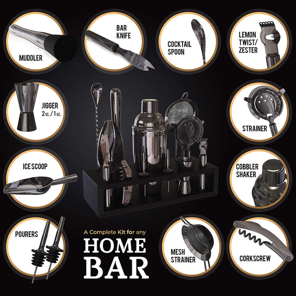 Highball & Chaser 13-Piece Cobbler Cocktail Shaker Set: Black Polished Stainless Steel Bartender Kit for Home Bar Set | Laser Engraved Tools Plus E-Book with 30 Recipes