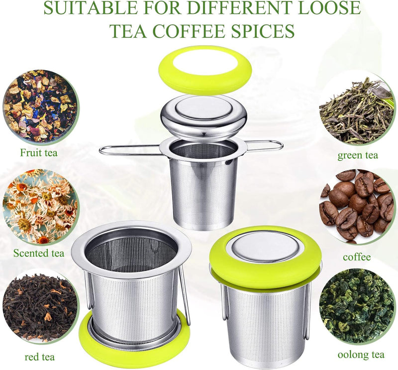 2 Pieces Tea Infusers with Tea Scoop Stainless Steel Tea Strainer Folding Handle Tea Filter Fine Mesh Strainer Brewing Basket with Silicone Lid for Loose Leaf Tea