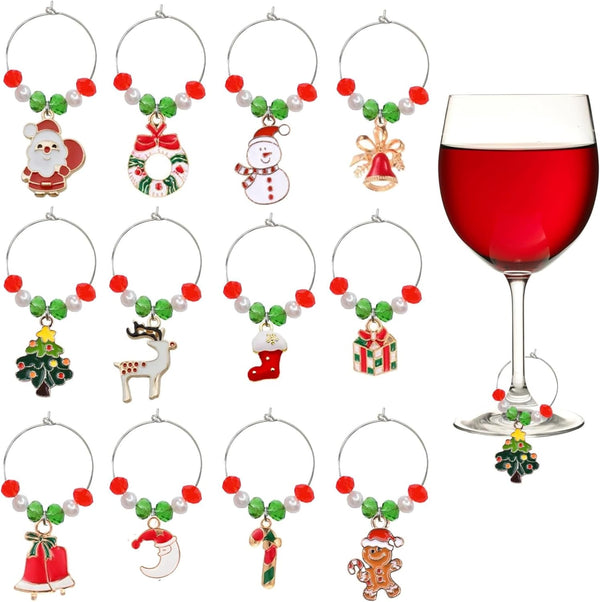 HISEVOG 12 Pieces Christmas Wine Charms, Wine Glass Charms Drink Markers Tags Identifiers for Stem Glasses, Wine Tasting Party Favors Christmas Gifts Table Decorations