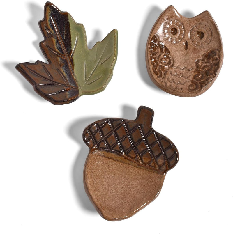 Acorn, Maple Leaf, and Owl Woodland Teabag Coasters by MudWorks Pottery, Set of 3, Handmade in The USA