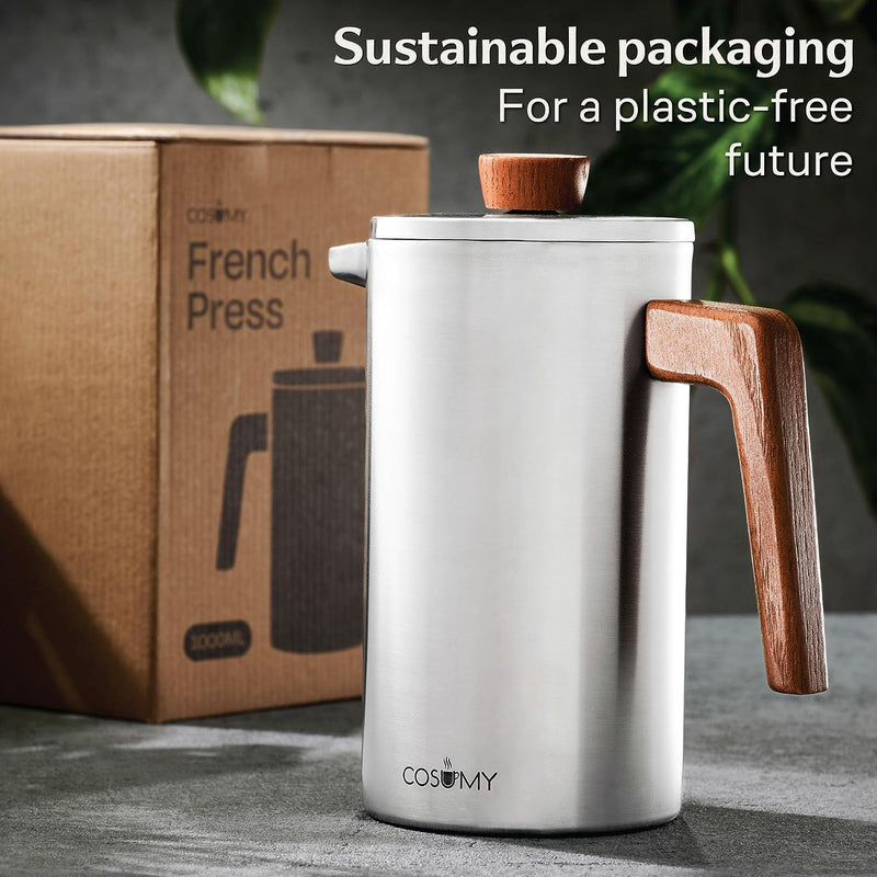 French Press Coffee Maker 34 oz - Made of Stainless Steel & Sustainable Oak Wood - Double-Walled Insulated - 2 Additional Filters - For 5 Cups