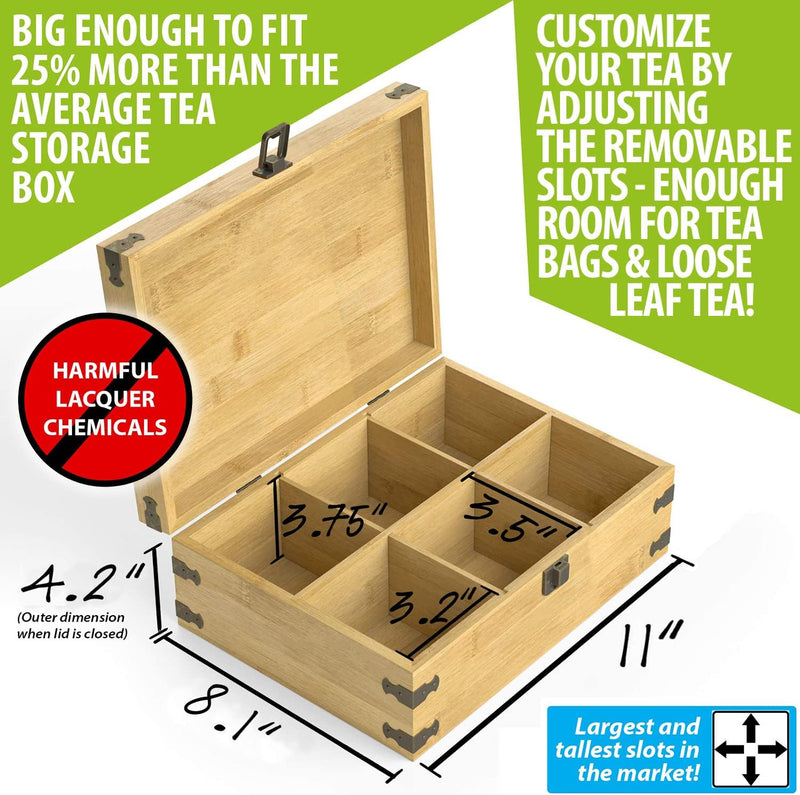 Zen Earth Inspired Bamboo Tea Organizer Box Chemical Free Eco-Friendly Big, Tall, Adjustable Cubbies Natural Wooden Storage Chest (6-Slot 11" x 8.1" x 4.2" with TEA print design)