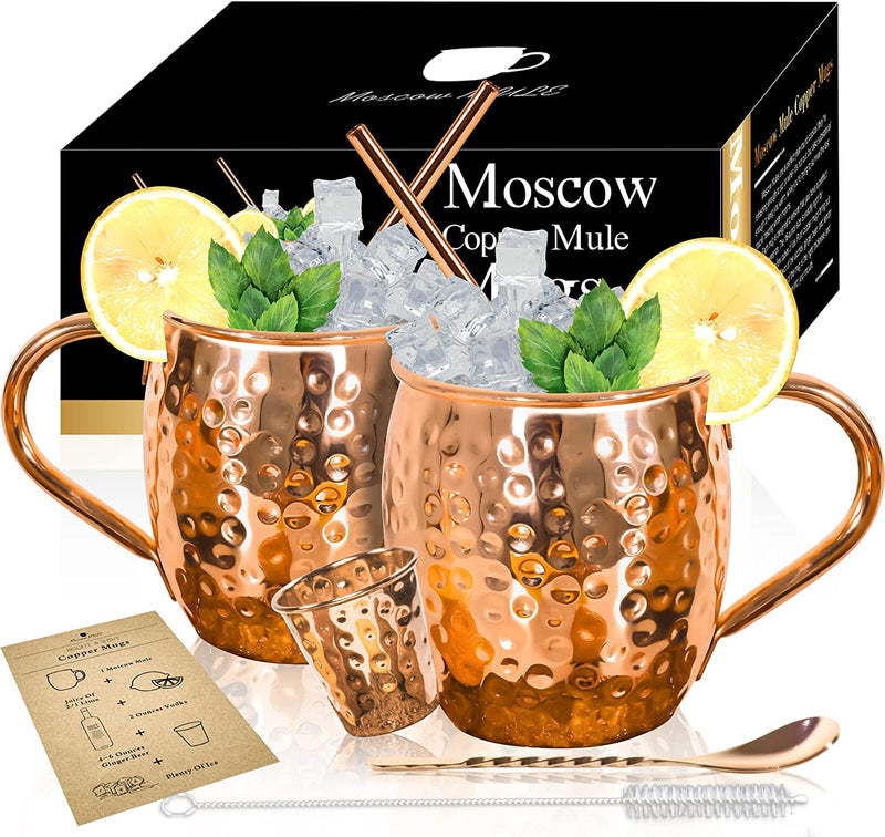 Moscow Mule Copper Mugs - Set of 4-100% HANDCRAFTED Solid Copper Mugs, Gift set with 4 Copper Straws, 1 Stirring Spoon, 1 Copper Shot Glass, 1 Straw Cleaning Brush.