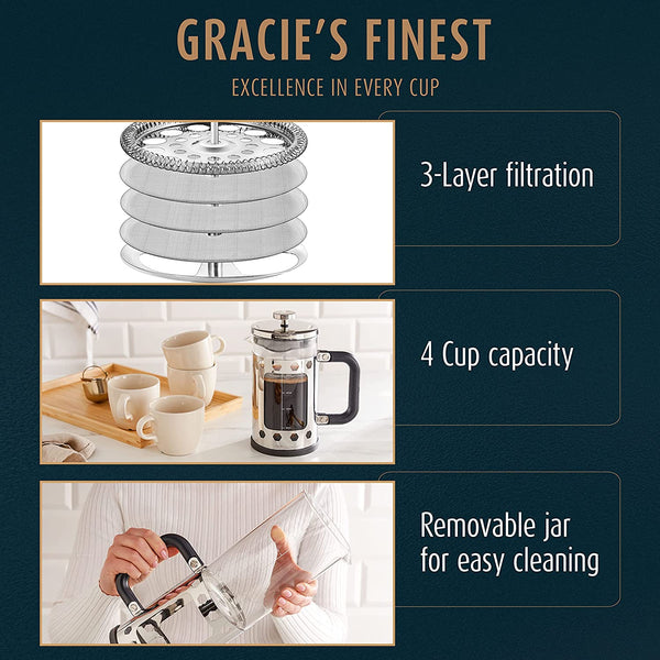 Gracie's Finest French Press Coffee Maker - Large 34 oz. Glass Coffee Pot Carafe with Stainless Steel Filter - French Press Coffee at Home or Office - Dishwasher Safe
