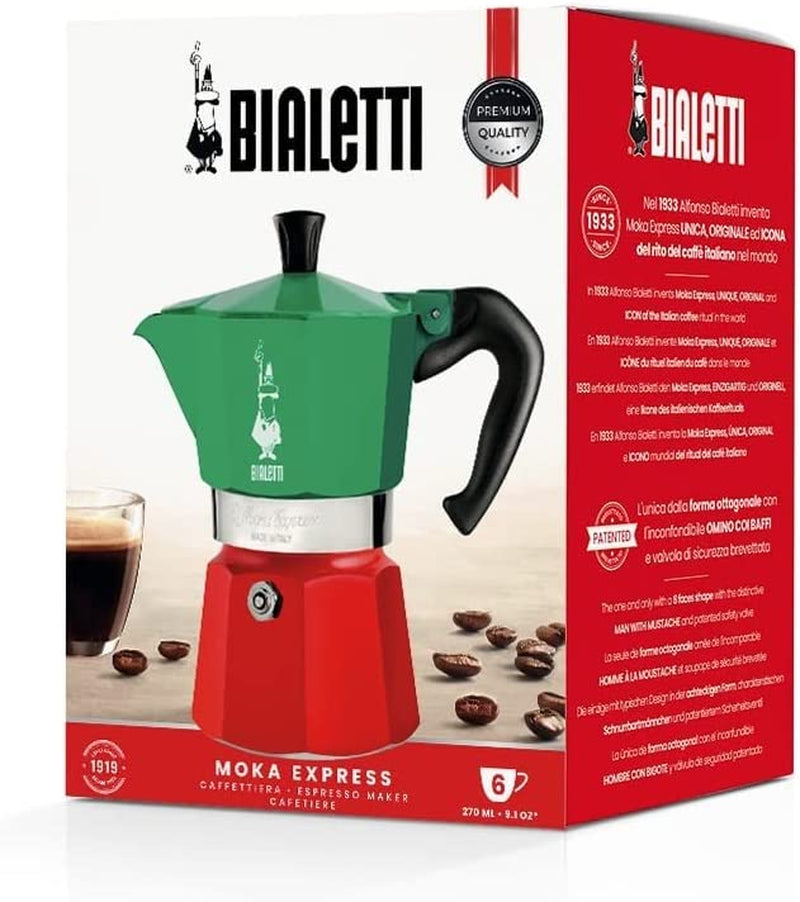 Bialetti - Moka Express Italia Collection: Iconic Stovetop Espresso Maker, Makes Real Italian Coffee, Moka Pot 6 Cups (9 Oz - 270 Ml), Aluminium, Colored in Red Green Silver