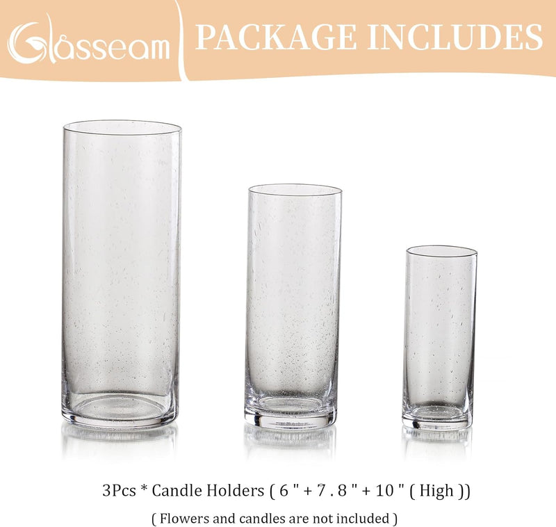 Glasseam Hurricane Candle Holder Set of 3, Clear Glass Candle Holders for Pillar Candles, Modern Cylinder Vases for Centerpieces, Floating Candle Vases for Centerpieces Wedding Decor, 4''+ 6''+ 8''