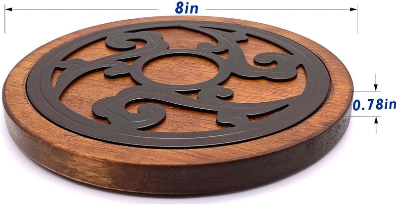 Cast Iron with Wood Trivet, Metal Trivets for Hot Dishes, Decorative 8-inch Round Kitchen Hot Pad, with Vintage Pattern for Serving Pot, Plates & Teapot on Kitchen Countertop or Dinning Table(Black)