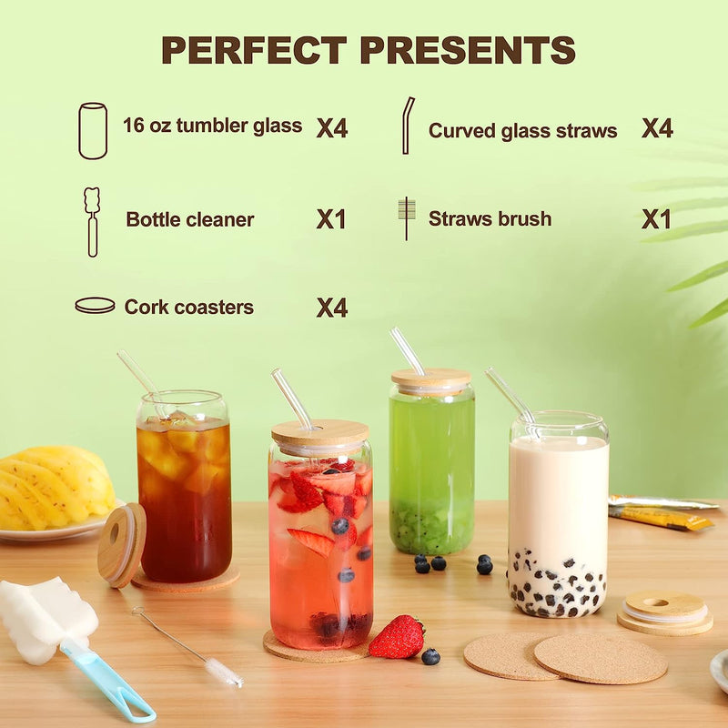 Joylongde Glass Cups with Bamboo Lids and Glass Straws 4pcs Set, 16oz Beer Can Shaped Drinking Glasses Tumbler with Reusable Cork Coasters, Idea for Cocktail, Whiskey, ice coffee, Water, gift