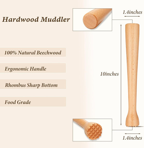 Wooden Muddler for Cocktails, Durable Hard Beechwood Cocktail Muddler Ice Crusher Mallet & Canvas Bag Bartender kit, Bar Tools Perfect for Dried ice, Pressing Fruit/Mint/Herbs for Cocktails Drinks