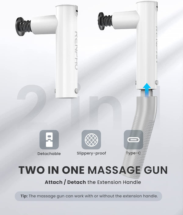 RENPHO Extend Massage Gun, Upgrade Electric Handheld Massage Gun for Deep Tissue, Portable Mini Massage Guns with Type-C Charging, Percussion Massager for Neck and Back, White