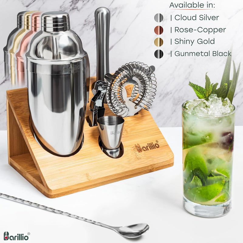 Mixology Bartender Kit Cocktail Shaker Set by Barillio: Drink Mixer Set with Bar Tools, Bamboo Stand Cocktail Mixer Liquor Pourers Mojito Muddler Mixing Spoon Jigger Recipes Booklet