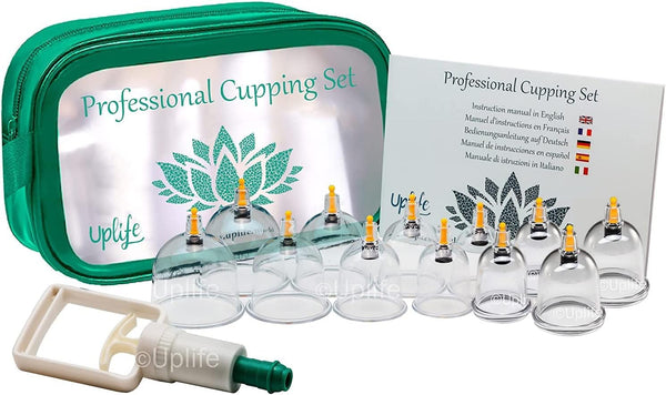 Uplife Chinese Cupping Therapy Set 12 Vacuum Air Suction Cups in Bag with Pumping Handle, Anti Cellulite Massage for Back/Neck Pain Weight Loss Muscle Relief