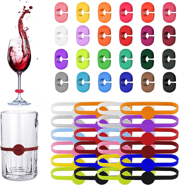 48 Pieces Wine Glass Charms Markers Colorful Silicone Glass Markers Waterproof Drink Markers Cocktail Cup Markers Champagne Cup Labels Rings Bottle Strip Tag Marker for Glass Cup Bar Party Supplies