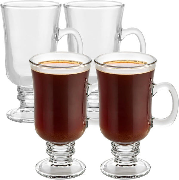 PARNOO Irish Coffee Mugs - 8 oz. Irish Coffee Glass with Handle & Footed Stem Base - Clear Irish Coffee Glasses for Tea, Coffee, & Hot Chocolate - Heavy Duty Irish Coffee Mugs Set of 4