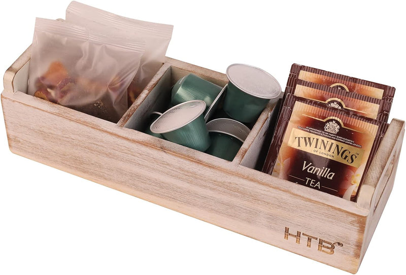 HTB Small Tea Bag Box Wooden, 3 Compartments Acacia Wood Tea Bag Chest with Handle, Mini Countertop Divided Storage Container for Beverage Supplies, Sugar, Sweeteners, Individual Packets