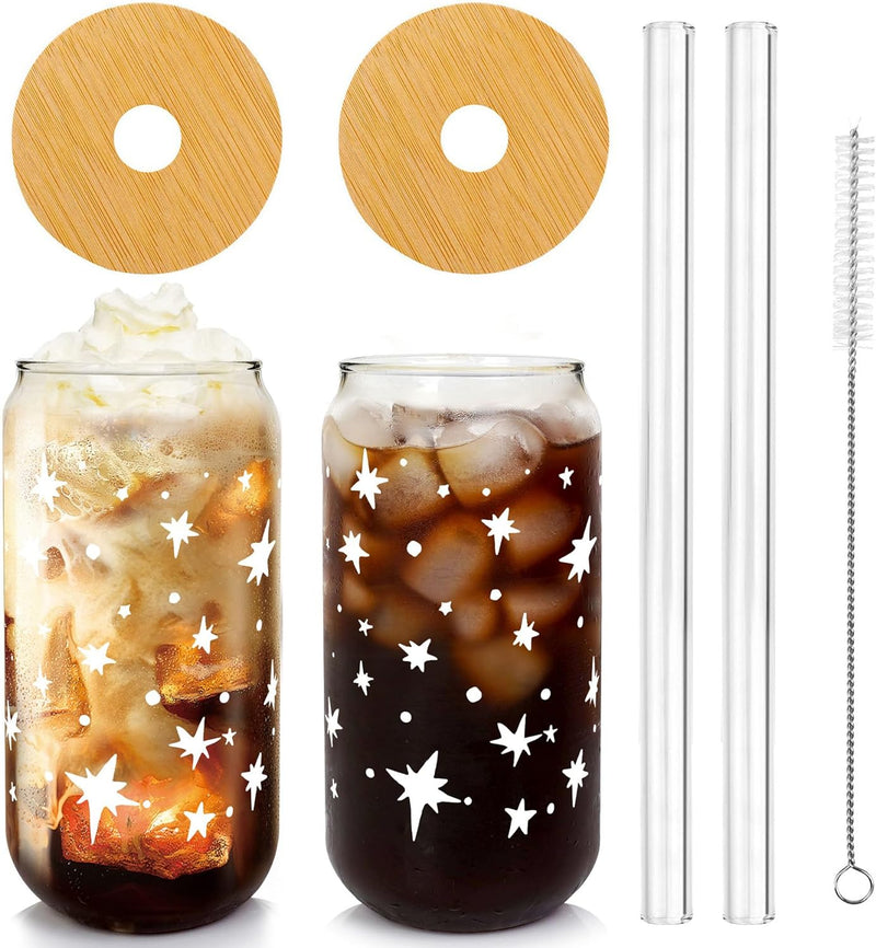 Iced Coffee Cups, 20 OZ Hearts Cup Glass Cups, Love Can Couple Drinking Glasses, Glass Cup with Bamboo Lids and Straw, Brown Heart Glass Cup - 2 Sets