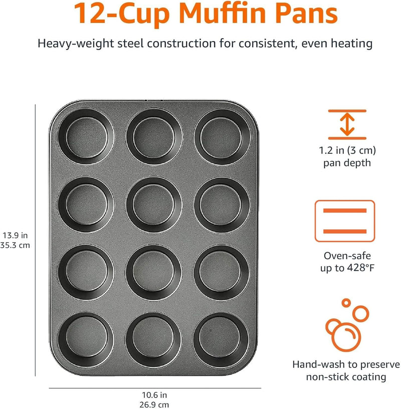 Amazon Basics Nonstick Round Muffin Baking Pan, 12 Cups, Set of 2, Gray, 13.9x10.55x1.22"