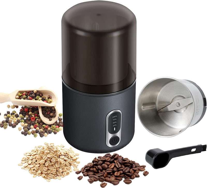 Wireless Coffee Grinder with LED Power, Electric Portable Coffee Bean Grinder with Brush, Herb Grinder, Spice Grinder with Removable Bowl & Spoon and 304 Stainless