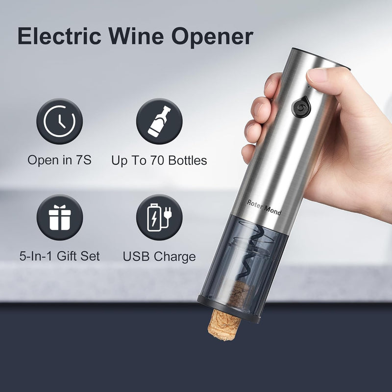 Electric Wine Opener Set, Roter Mond Automatic Wine Bottle Opener set with Electric Wine Decanter Aerator Wine Foil Cutter 2 Vacuum Stoppers, 5-in-1 Wine Gift for Home Party Thanksgiving Christmas