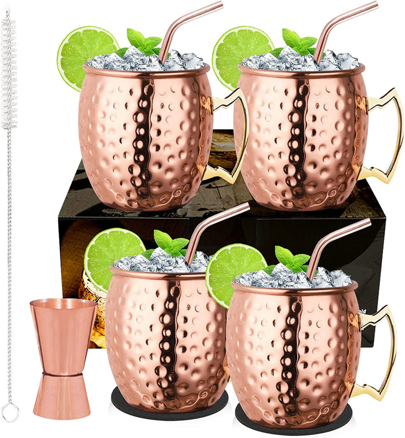 LIVEHITOP Moscow Mule Copper Mugs Set of 2, 19.5 Oz Handcrafted Copper Cups Stainless Steel Lining with Jigger, Straws, Brush, Coasters for Party, Bar, Gift