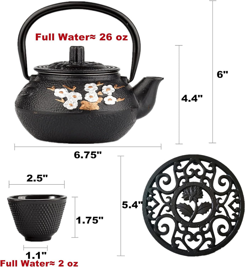 26 oz Japanese Cast Iron Teapot Cup Set Tea Kettle Maker Tetsubin with Infuser and Trivet, Black with Plum Blossom (Black Plum & Bamboo)