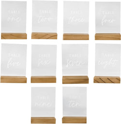 Hanna Roberts Modern Table Number Acrylic Signs with Wood Stand for Wedding Reception, Restaurant, Event Party, 3.9" X 1.5" X 5.8" (Set of 10, 1-10)
