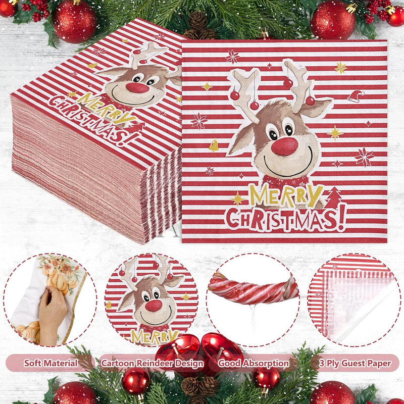 Homlouue 100 Christmas Paper Napkins 3ply, Merry Christmas Cocktail Napkins for Bathroom, Cartoon Reindeer Napkins Disposable for Dinner Kitchen Dinner, Paper Towels for Holiday Xmas Winter Christmas