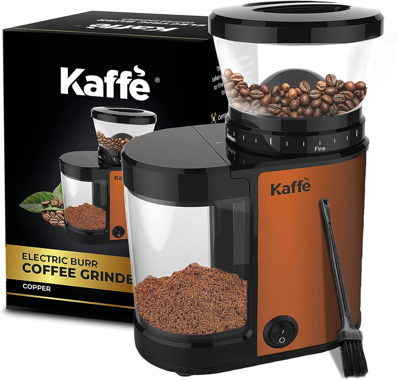 Kaffe Burr Coffee Grinder Electric w/Adjustable Settings for Precision Coffee Bean Grinding (5.5oz Capacity) Cleaning Brush Included. Powerful Motor. Copper)