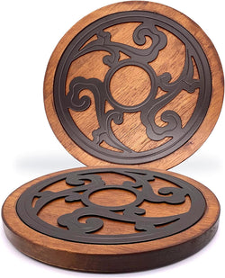 Cast Iron with Wood Trivet, Metal Trivets for Hot Dishes, Decorative 8-inch Round Kitchen Hot Pad, with Vintage Pattern for Serving Pot, Plates & Teapot on Kitchen Countertop or Dinning Table(Black)