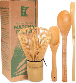 BambooMN Matcha Whisk Set - Golden Chasen (Tea Whisk) + Chashaku (Hooked Bamboo Scoop) + Tea Spoon - 1 Set - Premium Matcha Set to Prepare a Traditional Cup of Matcha