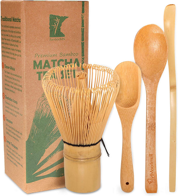 BambooMN Matcha Whisk Set - Golden Chasen (Tea Whisk) + Chashaku (Hooked Bamboo Scoop) + Tea Spoon - 1 Set - Premium Matcha Set to Prepare a Traditional Cup of Matcha