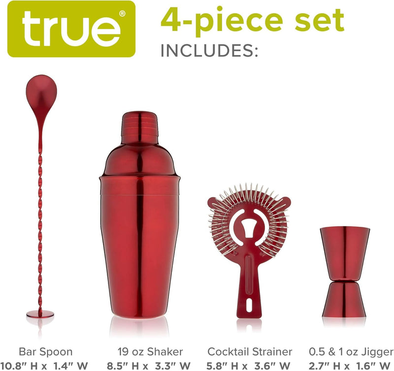 True Barware Set, Cocktail Shaker, Jigger, Muddler Barspoon, and Hawthorne Strainer, Prefect Craft Cocktail Mixing Kit, Bar Accessories and Gift, Stainless Steel, 4-Piece set, Red