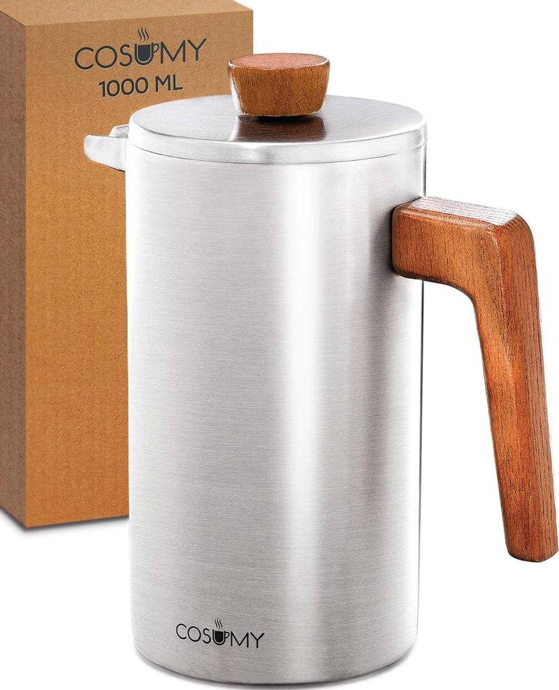 French Press Coffee Maker 34 oz - Made of Stainless Steel & Sustainable Oak Wood - Double-Walled Insulated - 2 Additional Filters - For 5 Cups