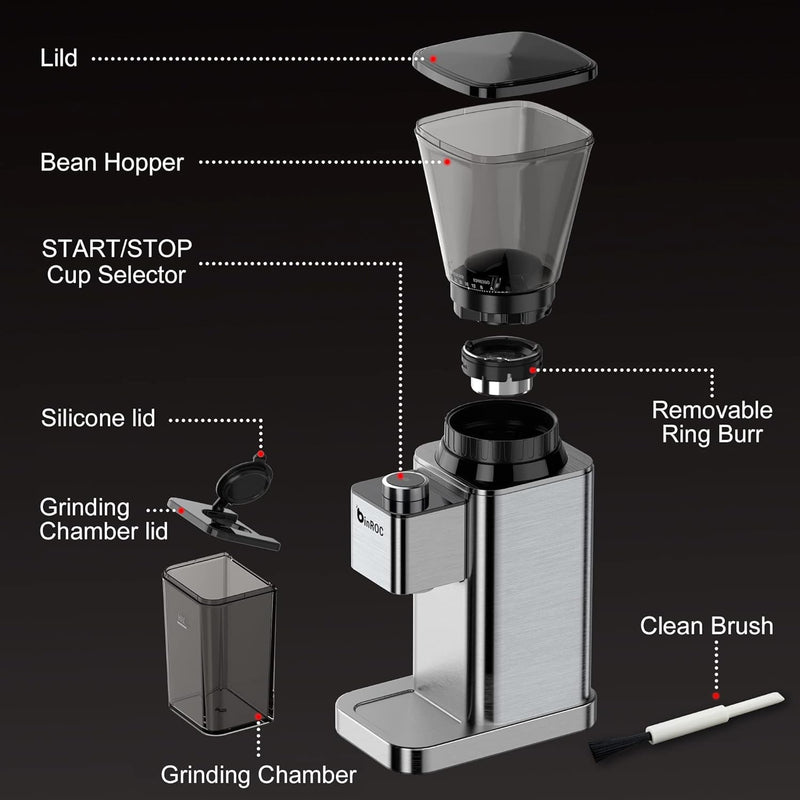 binROC Conical Burr Coffee Grinder with 48 Grind Settings, Anti-static Adjustable Electric Coffee Bean Grinder for 2-12 Cups (Premium Stainless Steel)
