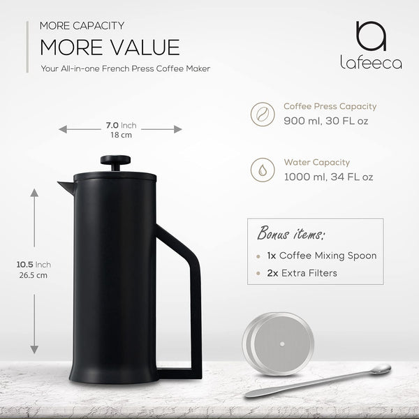 Lafeeca French Press Coffee Maker - Stainless Steel Double Wall Vacuum Insulated - Large Thermal Brewer 34 oz 1000 ml Matt Black