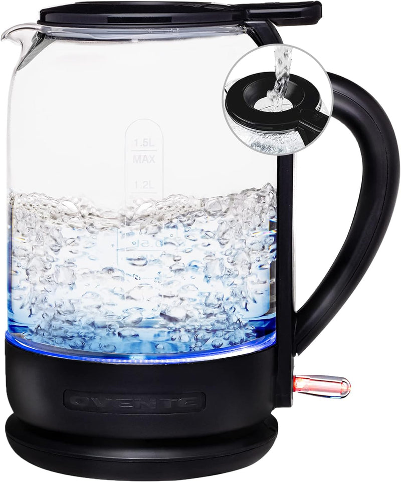 OVENTE Portable Electric Kettle Stainless Steel Instant Hot Water Boiler Heater 1.7 Liter 1100W Double Wall Insulated Fast Boiling with Automatic Shut Off for Coffee Tea & Cold Drinks, Black KD64B