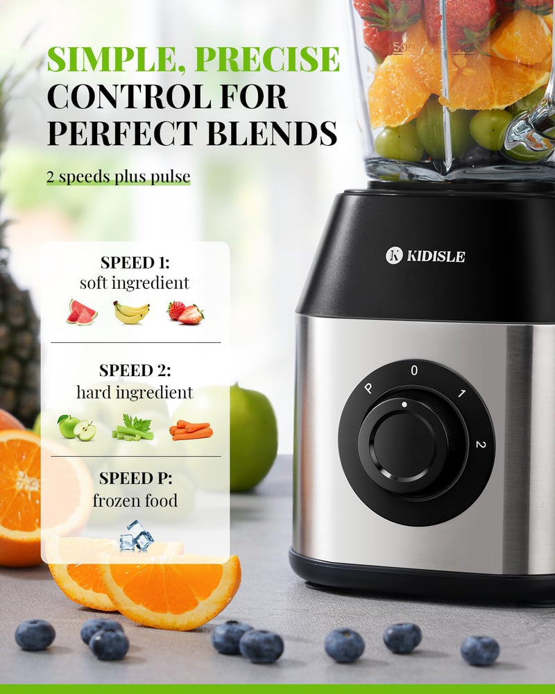 KIDISLE Professional Crusher Blender 2.0, 1200W Powerful Smoothie Blender, 52oz Glass Jar, Shakes and Smoothies, Ice Crush, Frozen Fruit, Stainless Steel