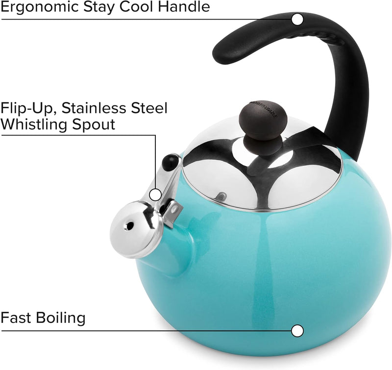 Farberware Luna Water Kettle, Whistling Tea Pot, Works For All Stovetops, Porcelain Enamel on Carbon Steel, BPA-Free, Rust-Proof, Stay Cool Handle, 2.5qt (10 Cups) Capacity (Aqua)