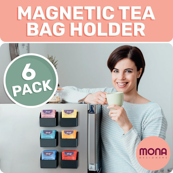 Mona Magnetic Tea Bag Organizer - Set of 6 Individual Tea Bag Holders for The Refrigerator, Counter or Kitchen Shelf. Stylish & Practical Gift for Tea Lovers (Black)