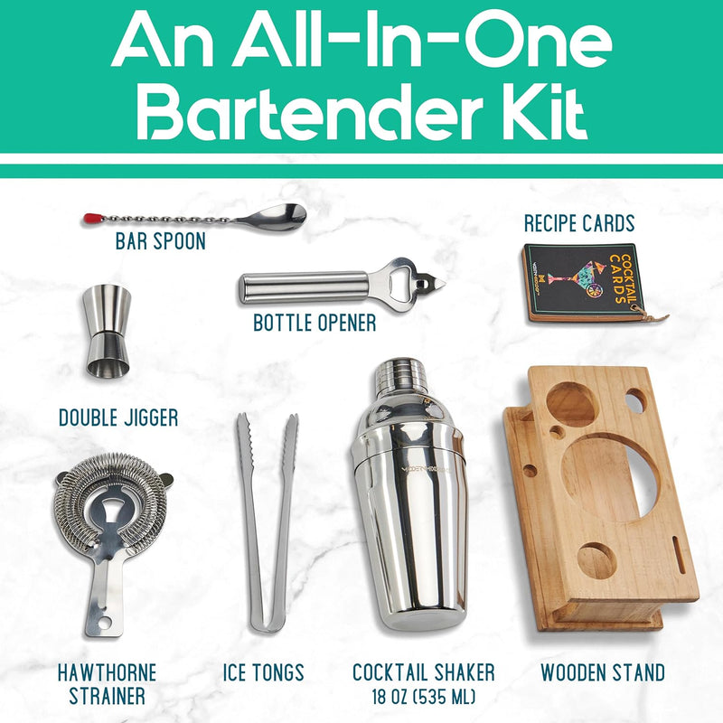 Mixology Bartender Kit - 8-Piece Silver Cocktail Shaker Set with Pine Wood Stand, Recipe Cards, and Bar Accessories Ideas